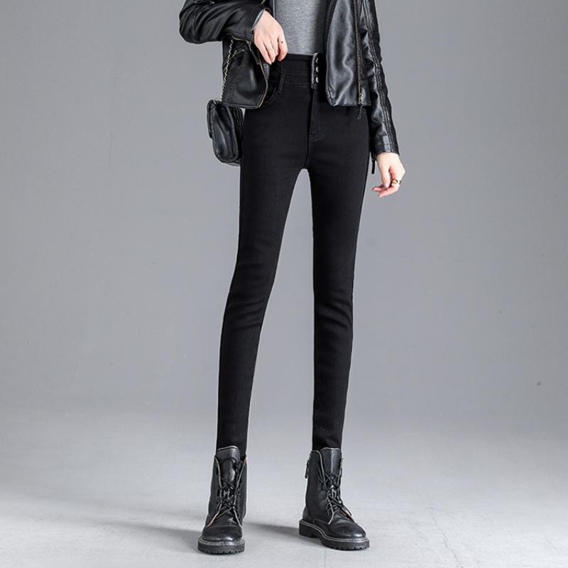 Džíny z fleecu s vysokým pasem, Dámské podzimní a zimní skinny džíny, Rovné nohavice, Přiléhavé, Zesílené a zeštíhlující tužkové kalhoty