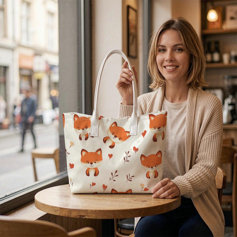 Cute Fox Pattern Tote Bag Casual Portable Daily Use Shoulder Bag Women Fashion Shopping Handbag