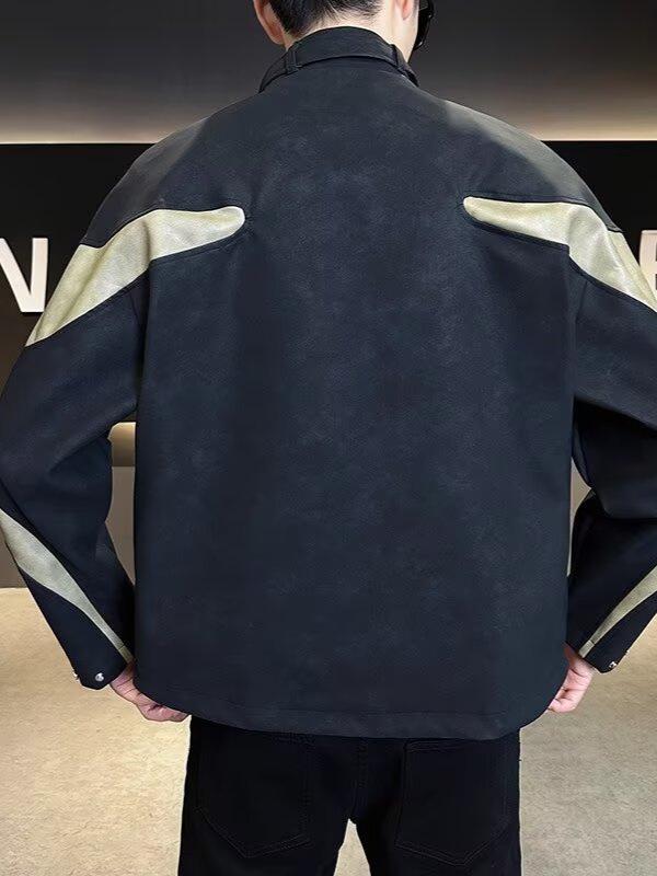 Men's Trendy Patchwork Color Block Stand Collar Jacket - Casual, Loose, Windproof Design for Spring and Autumn.