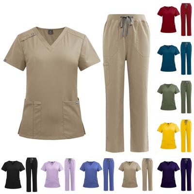 Women's Short Sleeved Solid Color V Neck Pocket Top Pants Work Clothes Two Piece Set