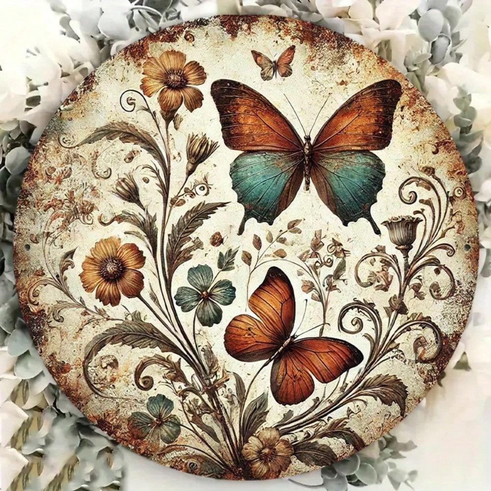 1pc Vintage Butterfly Wreath Metal Tin Sign 8x8 Inch Retro Round Wall Decor Home Kitchen Art
