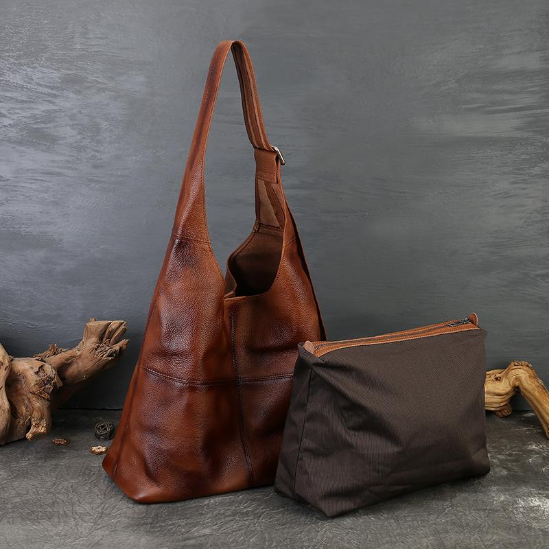 Handtasche aus echtem Leder mit großem Fassungsvermögen, Tote-Bag, Unterarmtasche, Umhängetasche, Retro-Rindsleder, personalisierter breiter Schultergurt, Crossbody-Tasche