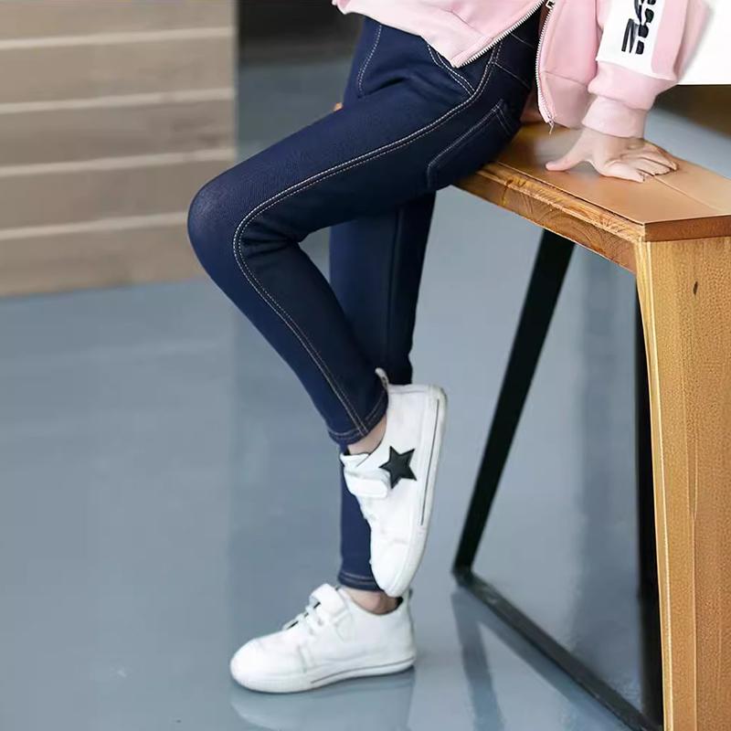 Girls Winter Denim Long Pants Kids Thicken Warm Thick Leggings Fleece Elastic Waist Trousers