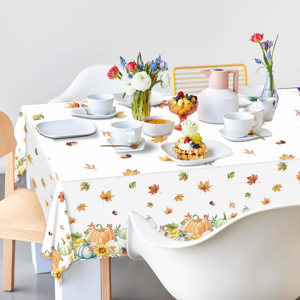 3 Pieces Fall Pumpkin Tablecloth Thanksgiving Tablecloth Autumn Harvest Maple Leaf Table Cover for Fall Thanksgiving Party Supplies, 54 X 108 Inch