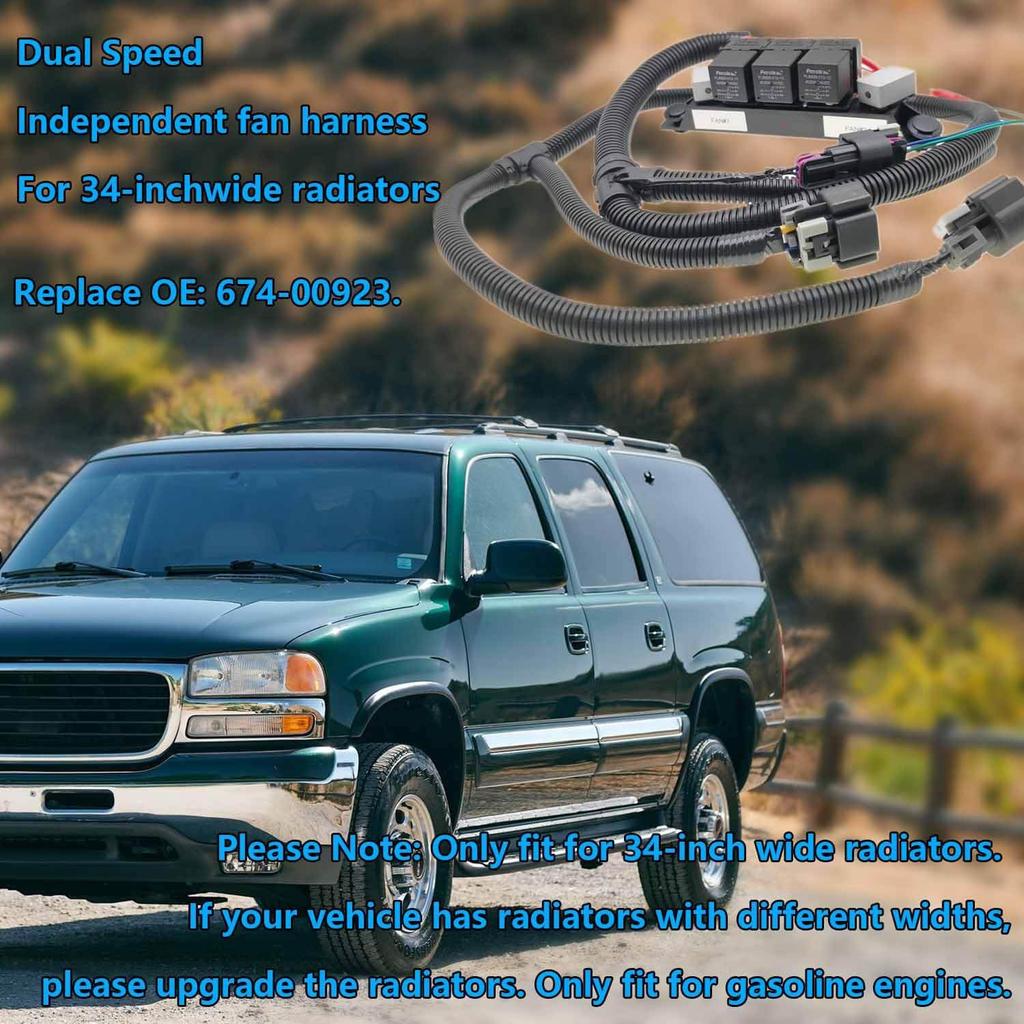 Dual Speed Electric Fan Control Wiring Harness Kit 674-00923, Compatible with Chevy Silverado Avalanche Suburban Tahoe GMC Sierra Yukon, Retrofit