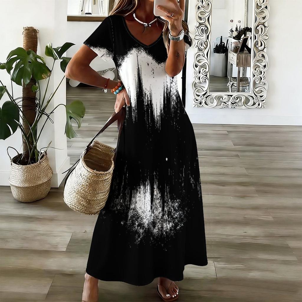 Women Plus Size V Neck Short Sleeve Black White Printed Straight Long Dress