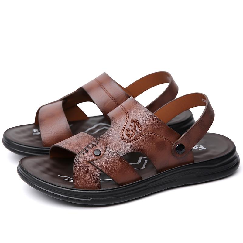 Men Black Leather Sandals Simple Flats Summer Brown Outdoor Hiking Sandals Outdoor Wide Beach Shoes for Father Over Sized