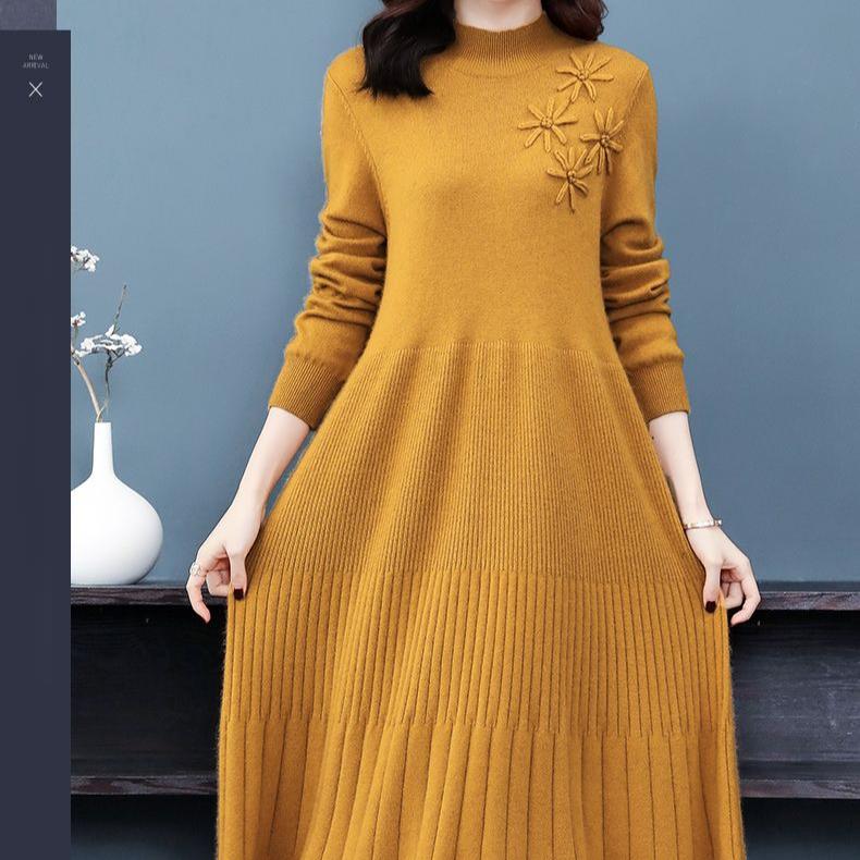 Mid-length Knitted Dress for Women Autumn and Winter Fashionable Embroidered Sweater Dress Solid Color Half Turtleneck Pullover