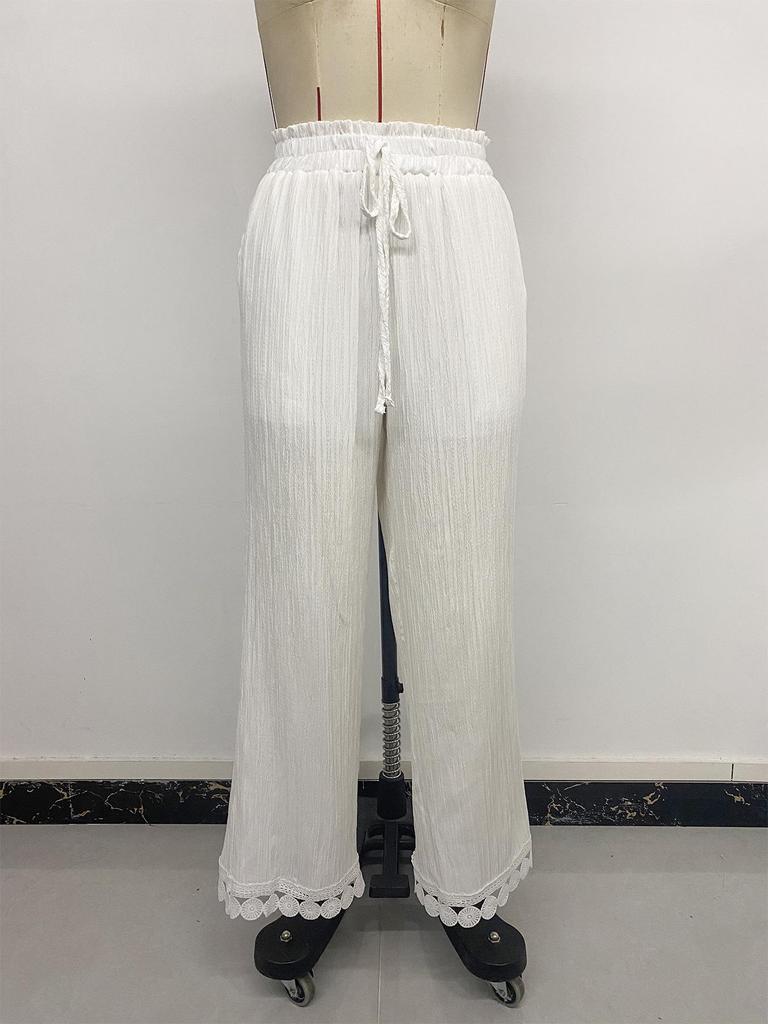 TikTok 2026 Summer Spliced Lace Tie-Up Casual Loose Straight-Leg Pants
