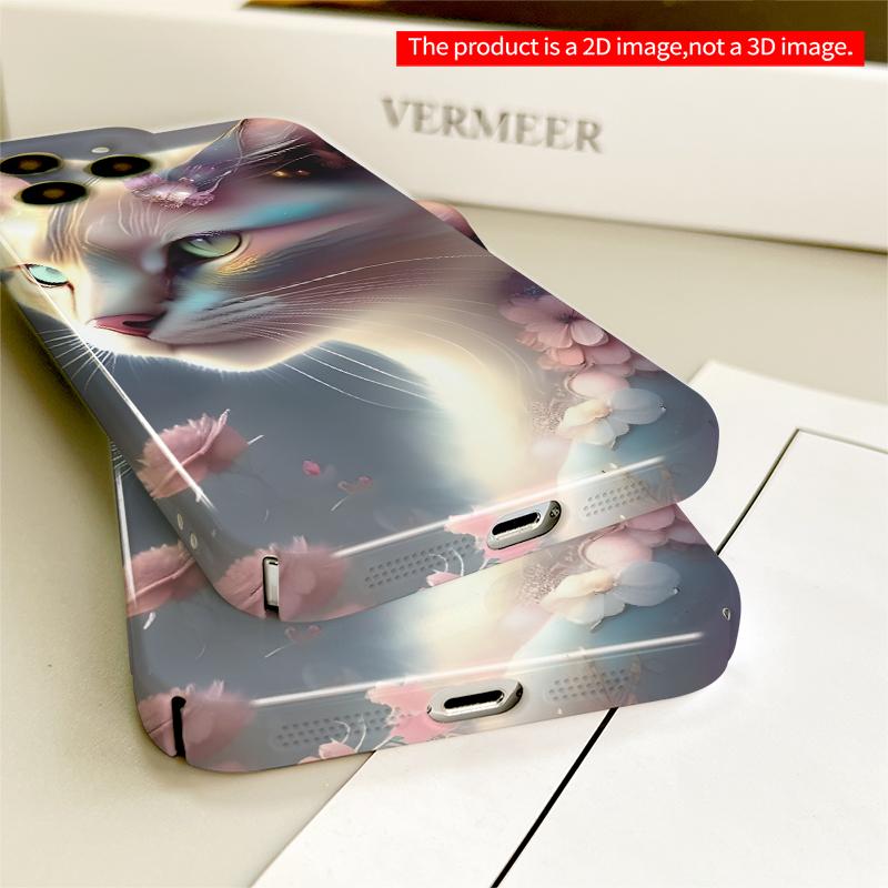 2DFlat Whispering Blossom Cat Phone Case All Inclusive Film Hard iPhone Case, Compatible with iPhone 18 Pro Max 17 16 15 14 13 12 11