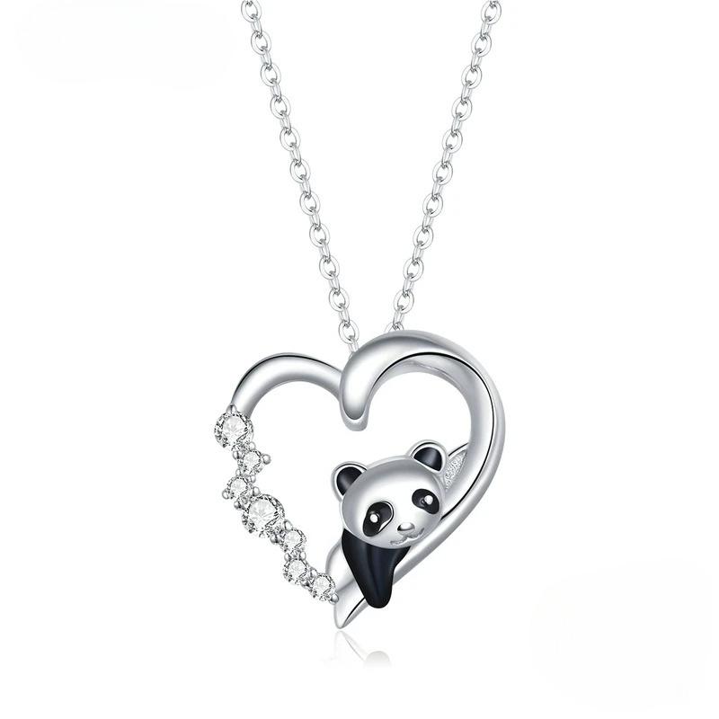Sterling Silver Lovely Panda Necklace Dazzling Heart Zircon Long Chain Link Necklace for Women Fashion Jewelry