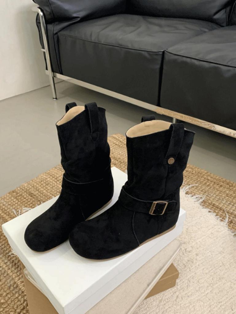 Round head inner heightening belt buckle short boots spring and autumn flat bottom stacking boots