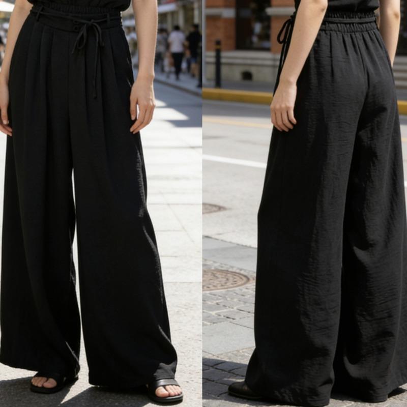 Casual Loose Lace-up Women's Wide-leg Pants Spring Summer Solid Color Elastic Waist Sweatpants Lace-up Trouser Women's Casual Simple Clothing