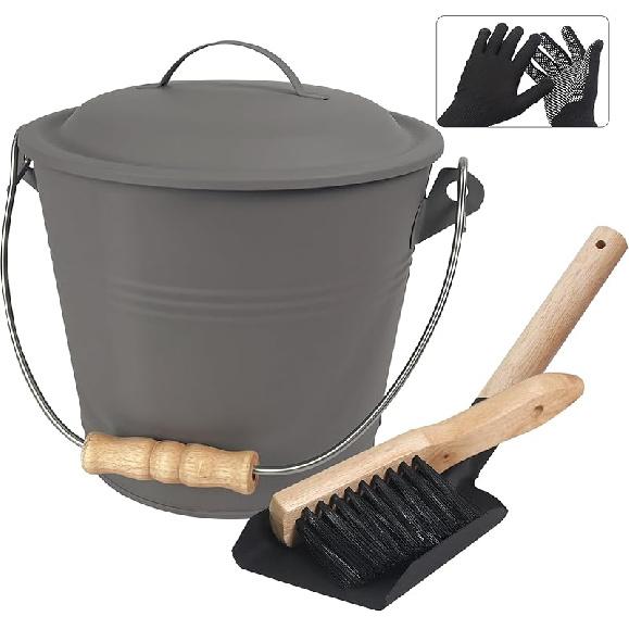 BRIAN & DANY Мини-ведро для золы с крышкой и совком, ведро для камина объемом 1,3 галлона с метлой, зольник для камина, золы, костровища, дровяной печи