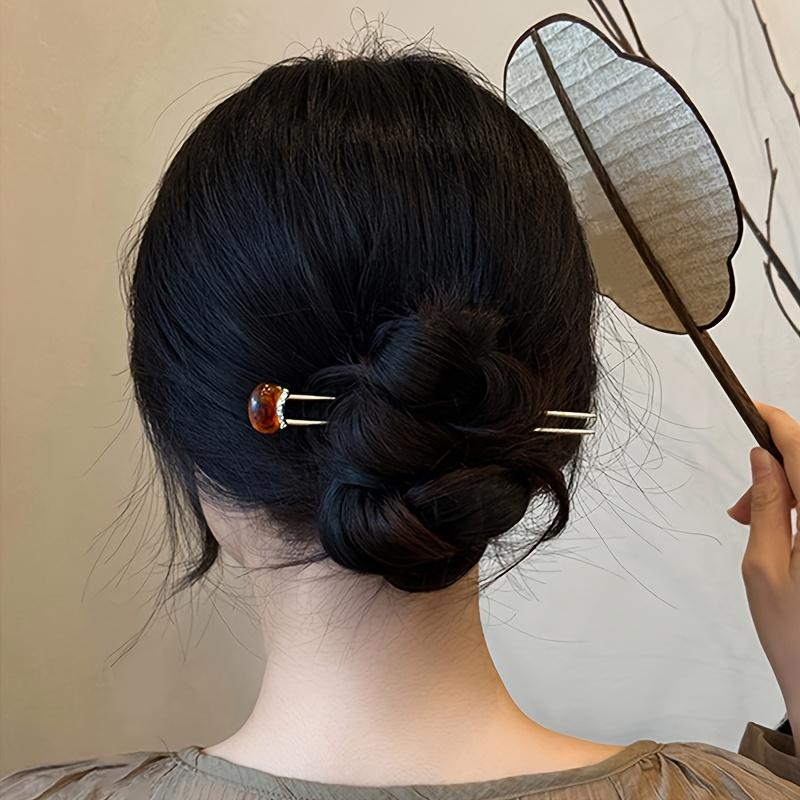 Bastoncino per Capelli Minimalista Vintage Marrone a Forma di U Stile Cinese con Pin Spessi per Chignon Eleganti, Accessori Tradizionali per Capelli