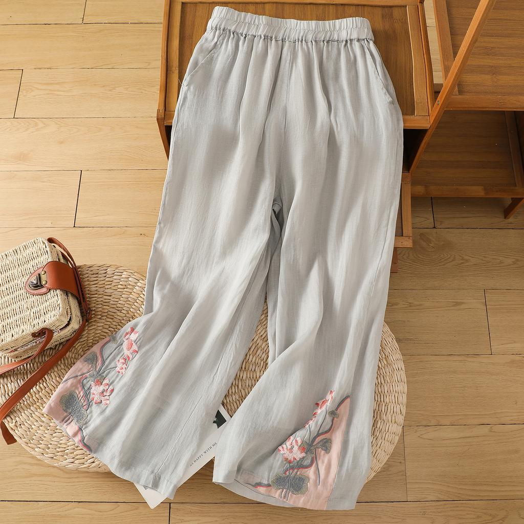 Dámské letní vintage vyšívané kalhoty plus size volného širokého střihu z bavlny a lnu s elastickým pasem, dovolenkové harémky v etnickém stylu