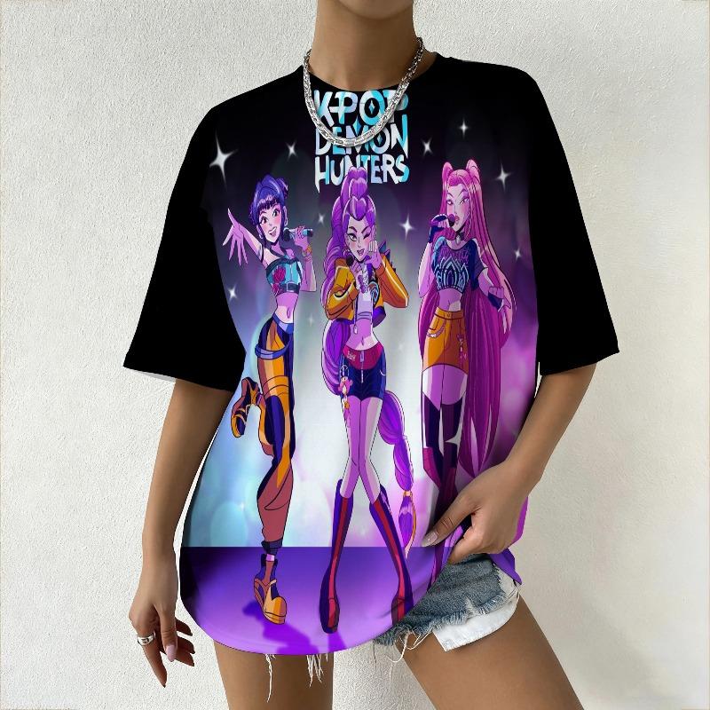 Women's T-Shirt KPop Demon Hunters Graphic Vibrant Anime Style Print Featuring Casual Loose Fit Top for Trendy Outfits