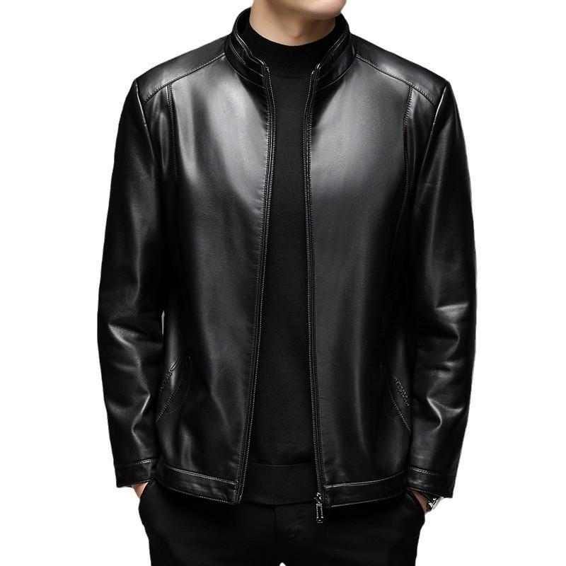 Autumn and winter men's leather jacket business casual stand-up collar zipper PU leather jacket fleece thickened leather jacket