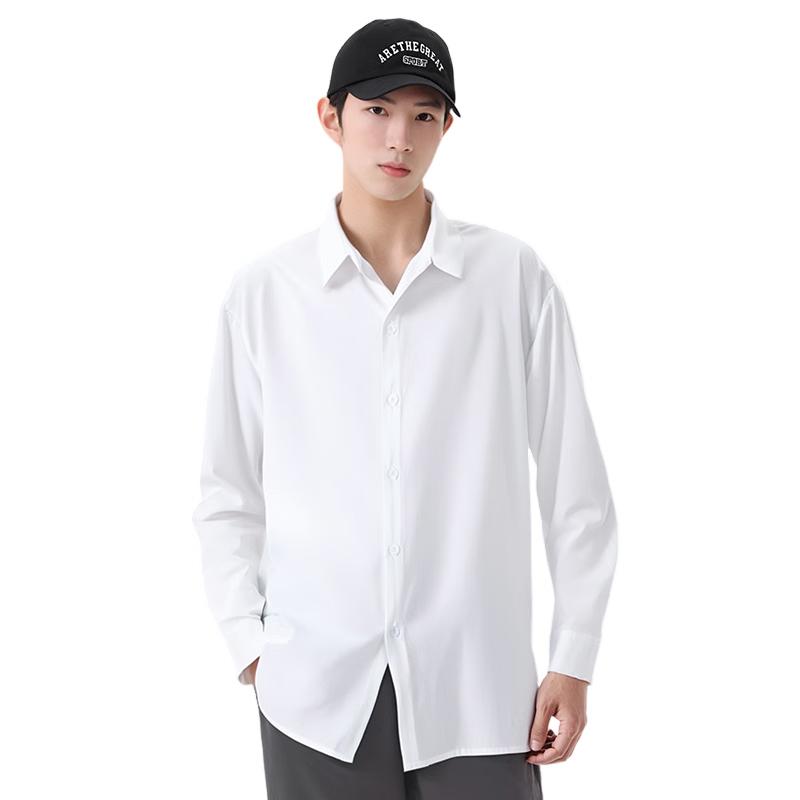 VANCAMEL Langarmhemd für Herren, Lockeres Freizeit-Oberteil für Herren, einfarbige Kleidung im koreanischen Stil, Schwarz, 2XL