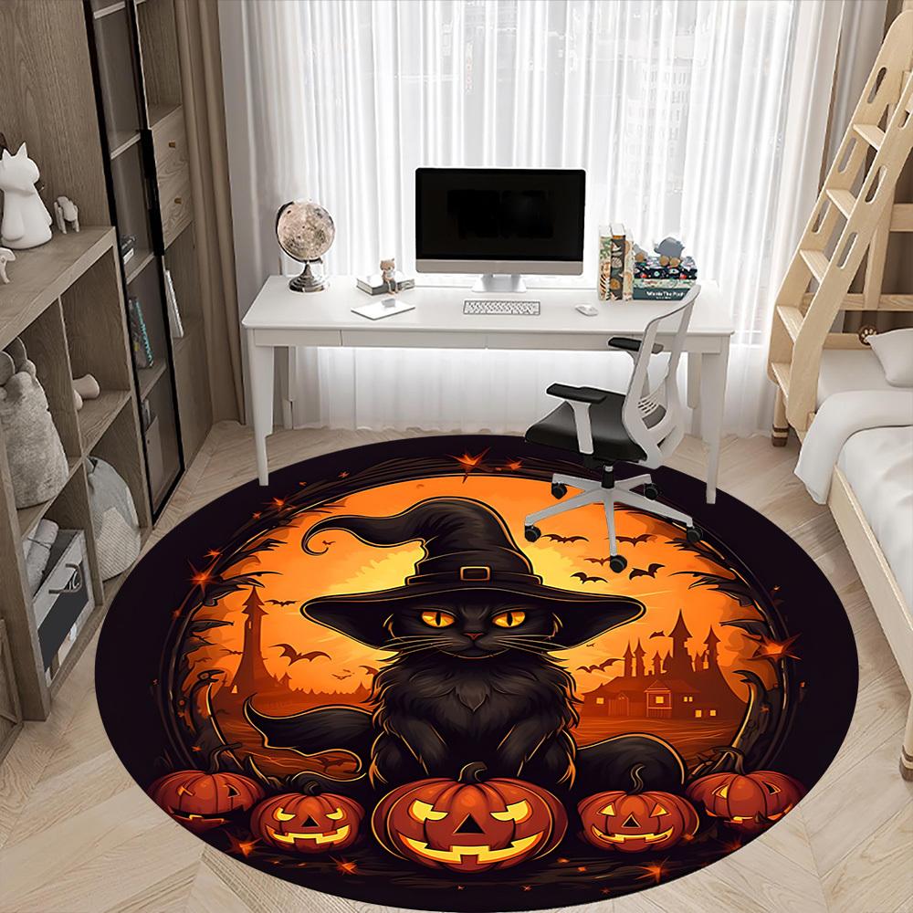 1pc Halloween Cat Office Round Area Rug, Under Office Chairs Bedroom Living Room Home Decor, Room Deco, Available In Various Sizes