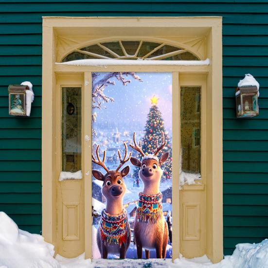 Christmas Door Cover Cute Reindeer Front Door Cover 35x82in Porch Welcome Sign Banner for Winter Holiday Party Photo Backdrop Decor