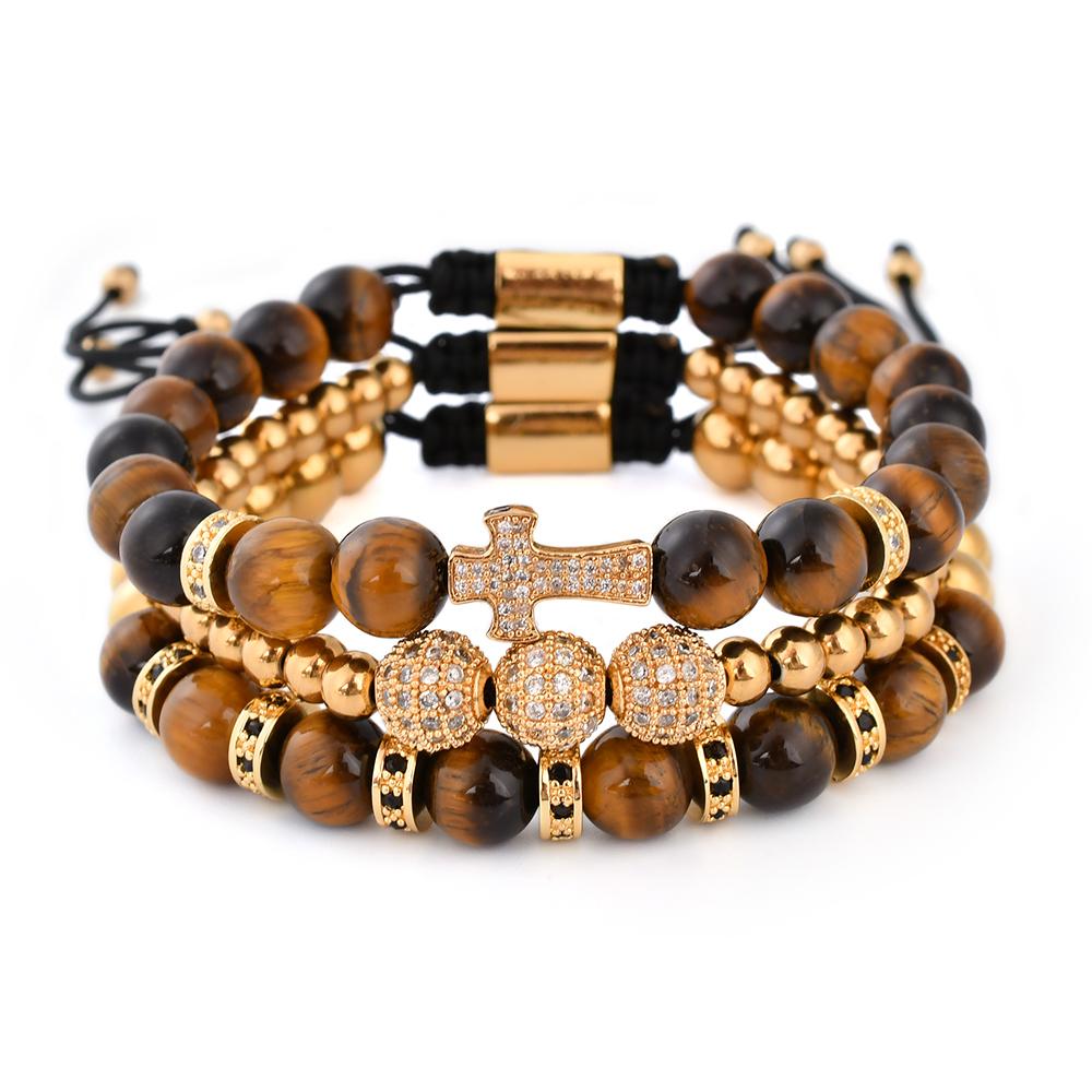 F339 18k Gold tiger Eye Bead Stone Bracelet Adjustable Silver Men s Cross Bracelet for Men with Gifts 19cm