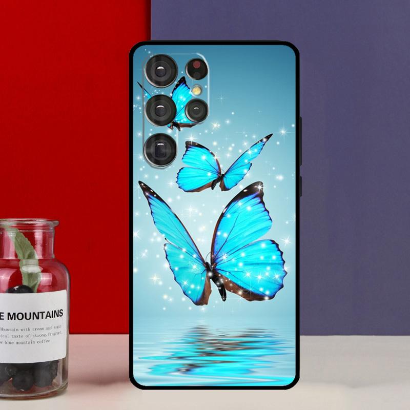 Luxury Blue Butterfly Butterflies Funda Case For Samsung Galaxy S25 Ultra S9 S10 S20 S21 FE S22 S23 Plus S24 Ultra Phone Cover