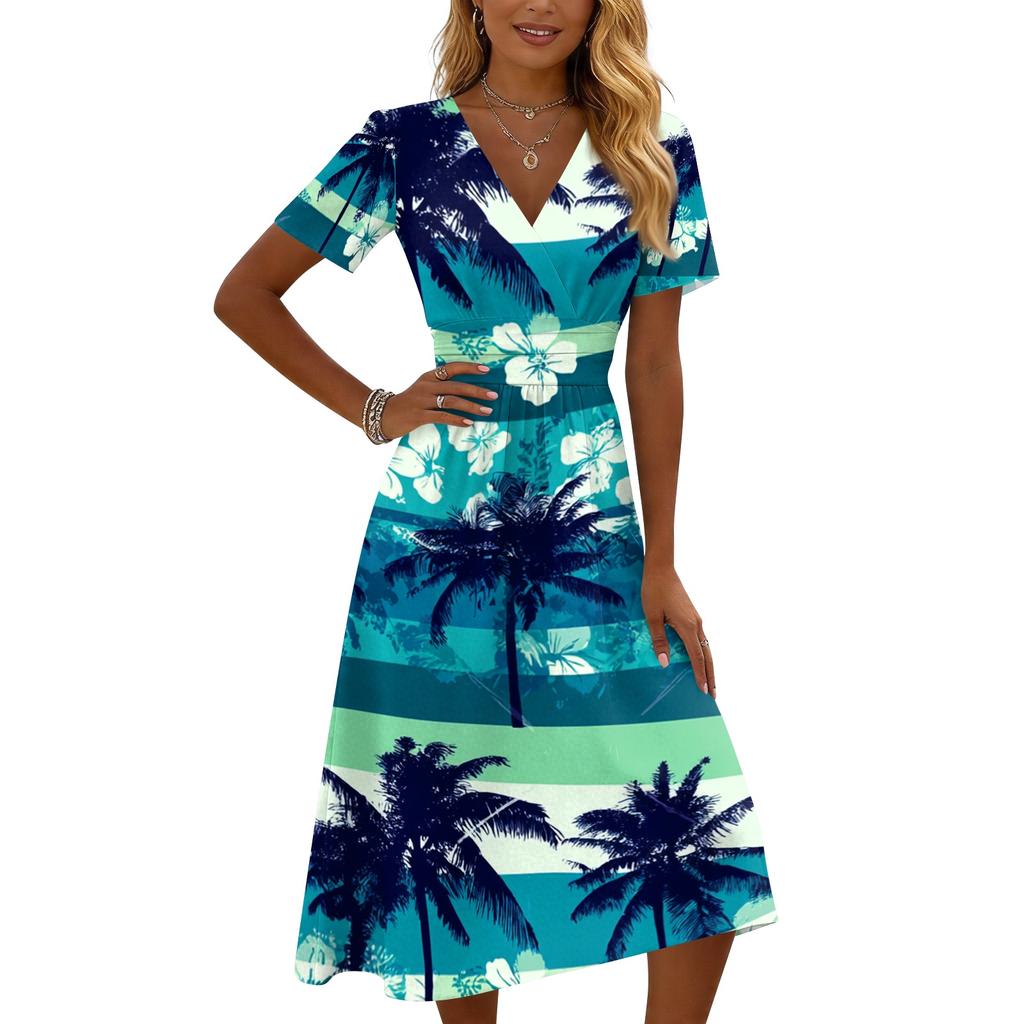Vestido Midi de Manga Corta con Cuello en V para Mujer con Estampado de Hojas Tropicales Tejido Ligero Casual de Corte Holgado para Verano
