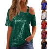 Damen Vintage Off-Shoulder Kurzarmbluse mit Glitzer-Oberteil