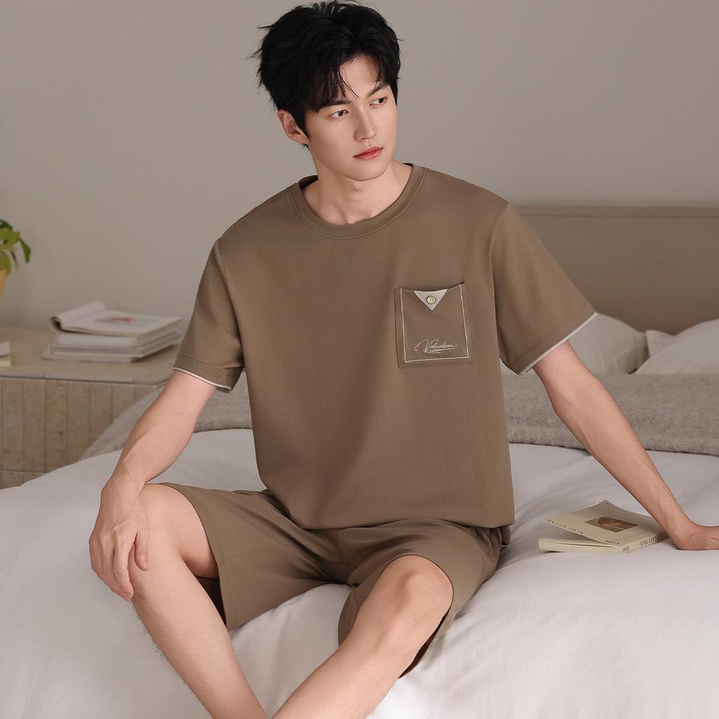 Pajamas Men's Summer Cotton Short Sleeve Shorts Thin Solid Color Teen Large Size Sports Can Wear Dad's Loungewear
