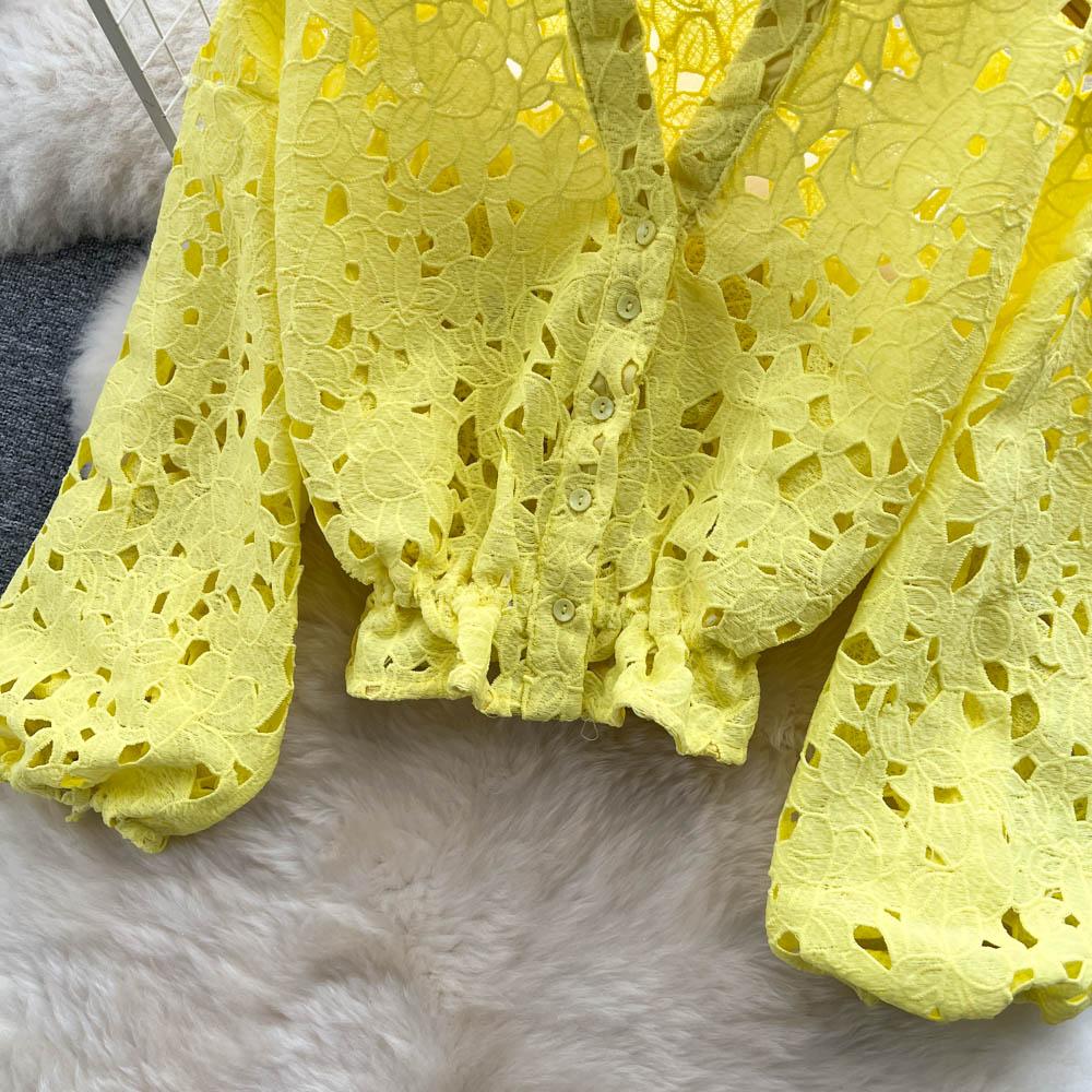 Zweiteiliger Anzug Damen Herbst Hohl Laternenärmel Hemd Hohl Rock