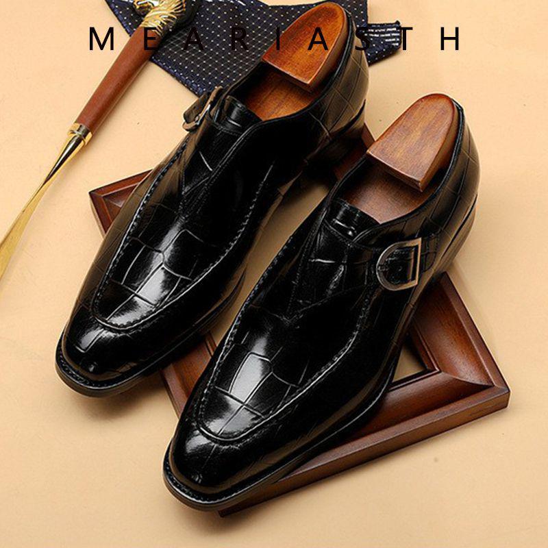 Men's Formal Leather Monk Shoes - European & American Style, Alligator Pattern, Square Toe, Retro Handmade