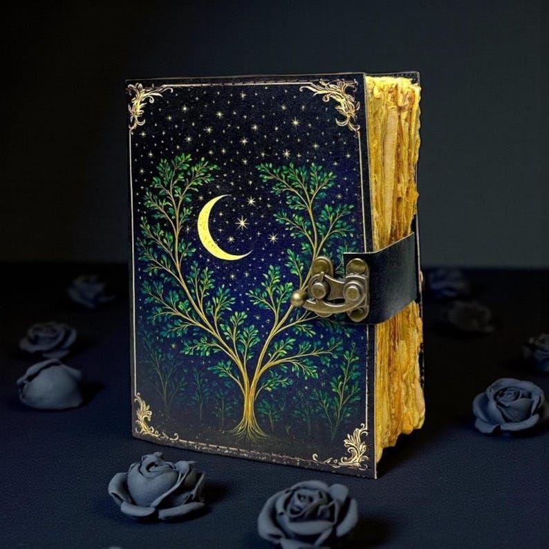 Tree of Life  Grimoire Vintage leather journal, Blank spell book of shadows 7 x 5 inch / 100 Page