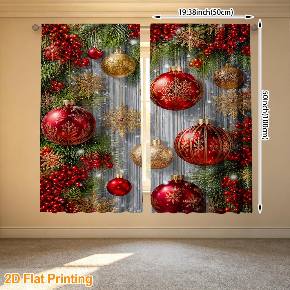 2pcs Red Golden Christmas Ornaments Printed Polyester Curtains, Modern Window Drapes for Privacy And Light Control, Kitchen Bedroom Apartment Use
