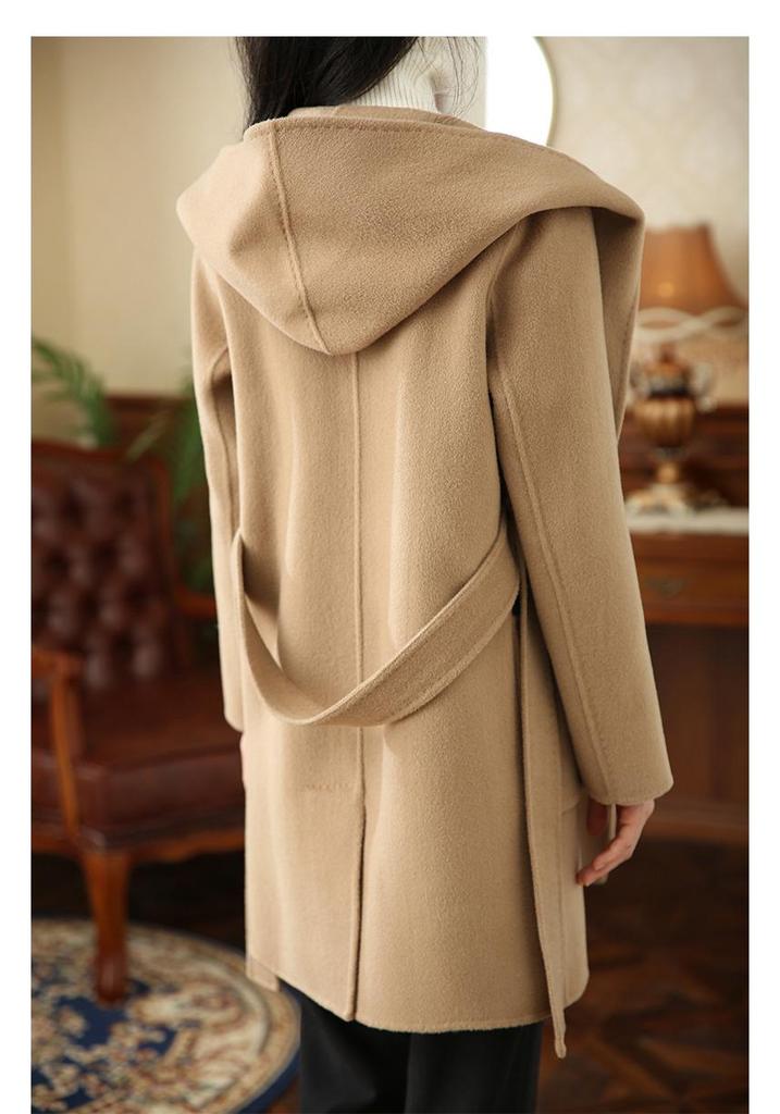 2026 Petite Women's Hooded Double-Sided Wool Coat, Autumn/Winter Mid-Length with Belt