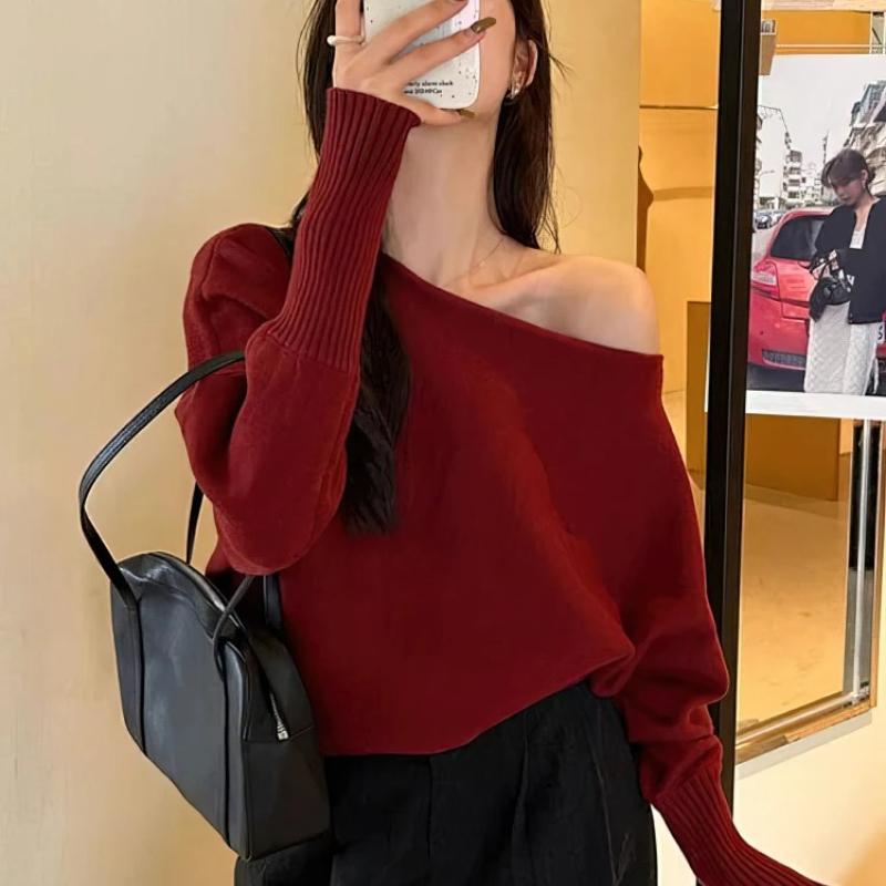 Batwing Long sleeve Knitted Pullover Women 300g Thick Off shoulder Top Korean Fashion Sweater Loose Casual Autumn Outwear Pull