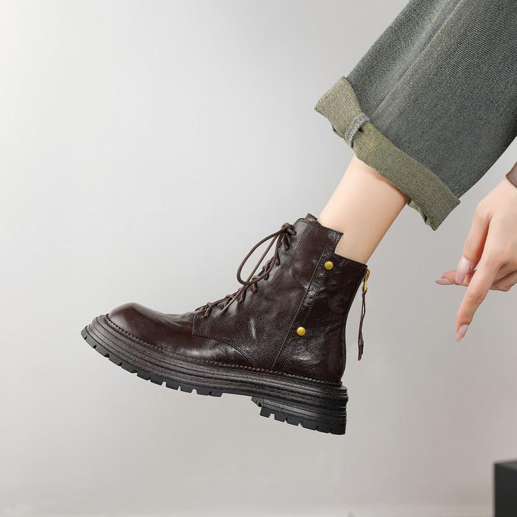 Fashion New Autumn/winter Genuine Leather Women Boots Round Toe Shoes for Women Fashion Boots Women Mid Heels Lace Platform Boots