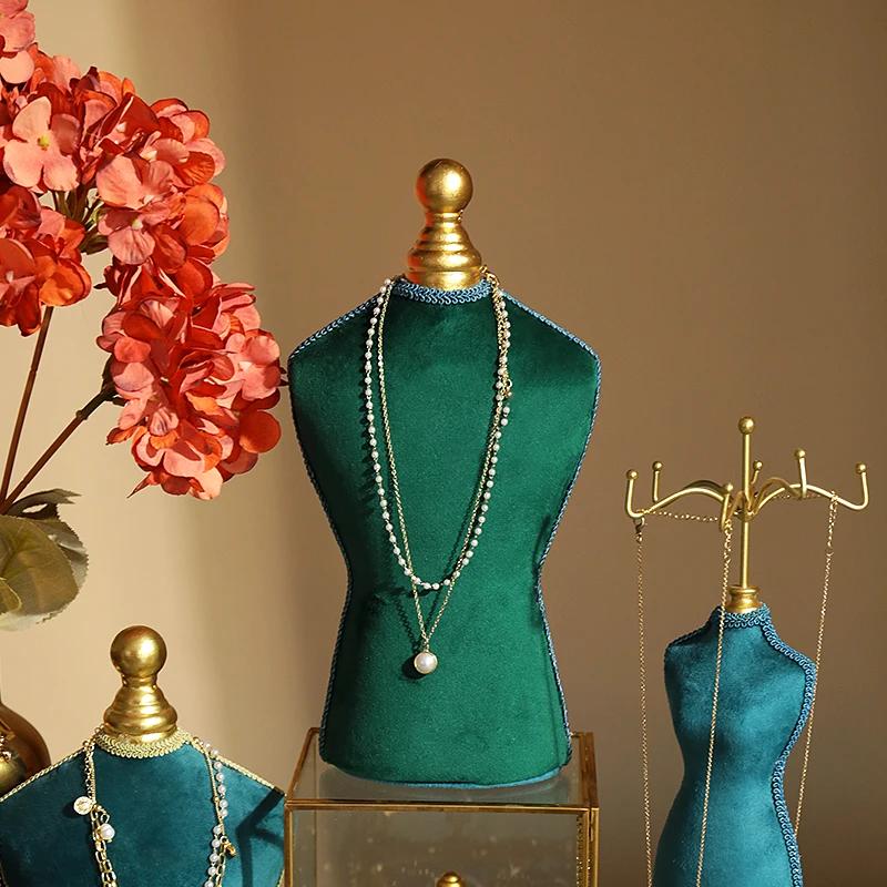 Premium Jewelry Display Stand with Vintage Green Velvet Earring Necklace Holder for Retail Store Counter/Photography Props