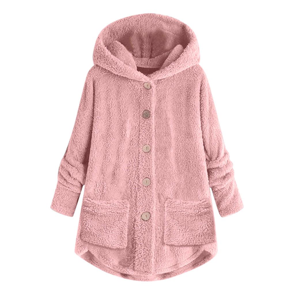 Women Plus Size Button Plush Tops Hooded Loose Cardigan Wool Coat Winter Jacket