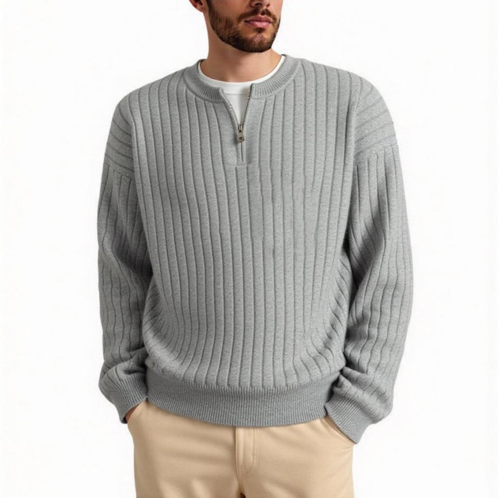 Men's Casual Solid Color Semi-zipper Round-neck Sweater, Men's Loose Line Texture Pullover Knitted Sweater