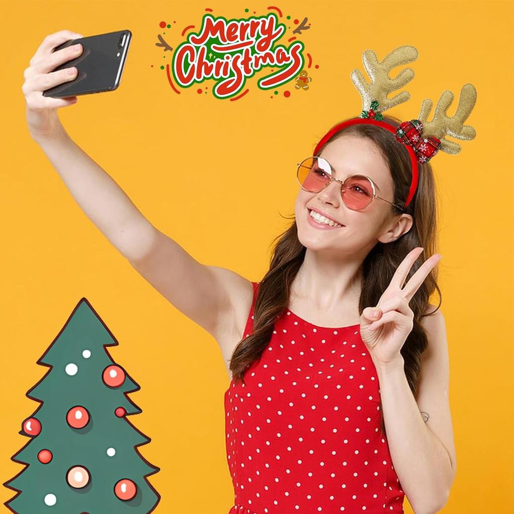 Christmas Reindeer Headband with Bow for Women Cute Cartoon Antlers Hair Clip Funny Photo Props Party Festival Decor Accessories
