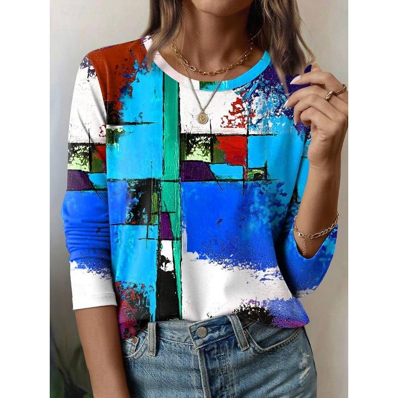 

Женская футболка больших размеров с цветочным принтом, длинным рукавом и легкой эластичностью - Повседневная и удобная 2XL