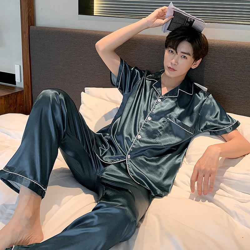 GMXIA Spring and Autumn Men's Pajamas, Long Sleeves and Long Pants, Thin Ice Silk, Teen Home Wear, Silk Set, Plus-size