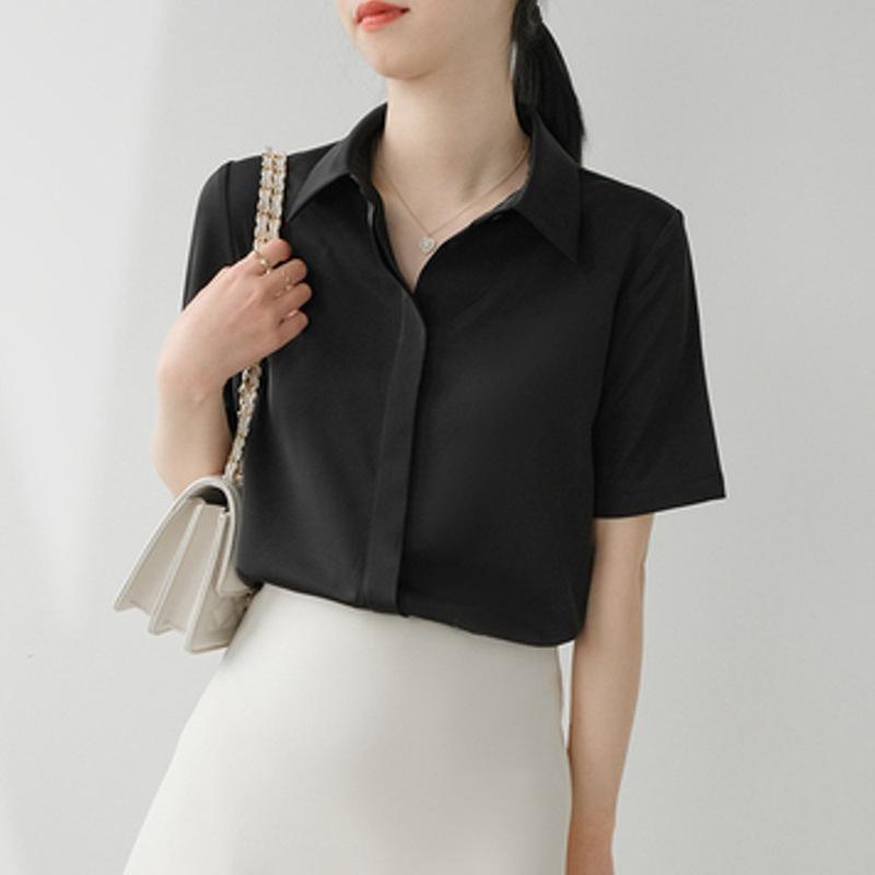 Gray Blue Satin Shirt for Women 2025 Long Sleeve Spring Versatile Hidden Placket Hong Kong Style Draping Commuter Chic Mature Blouse Top