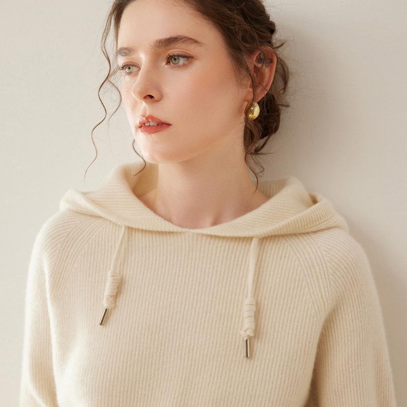 2024 Women's Autumn/Winter Cashmere Hooded Ribbed Sweater with Drawstring, 12 Gauge Knit