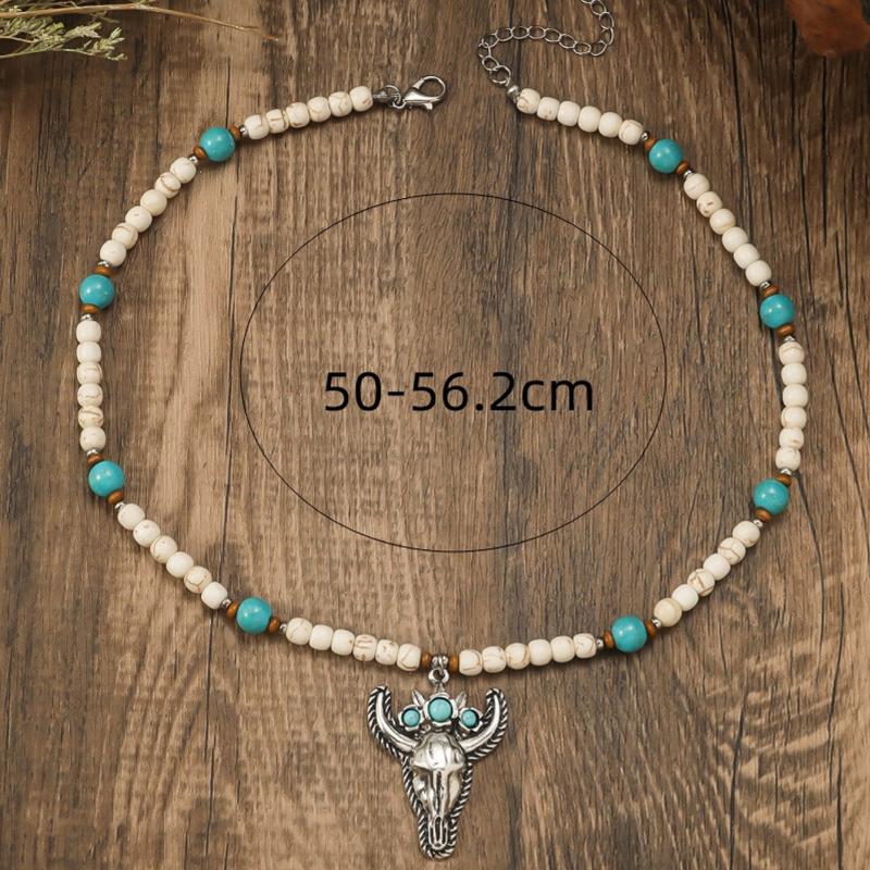 BLINGBAY Kadın Boncuklu Kolye Retro Etnik Stil Turkuaz Kişilik Yaratıcı Boğa Başı Şekli Kolye Ucu El Yapımı Boncuklu Kolye Kız Hediyesi