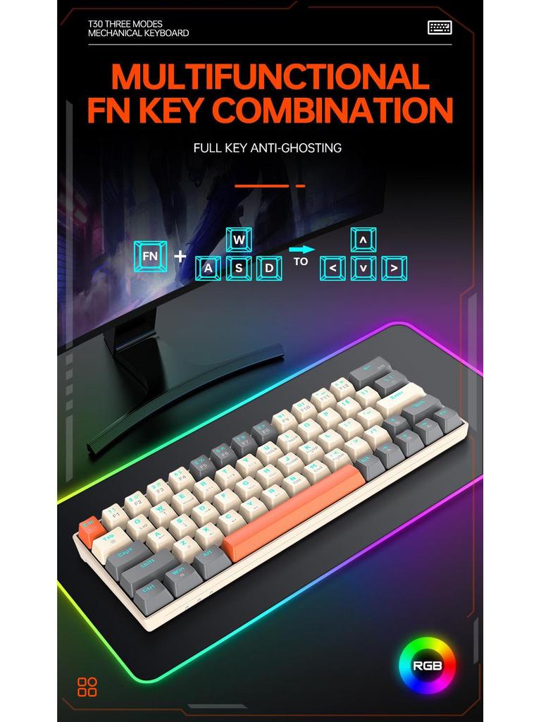 T-WOLF T30 Wireless RGB Mechanical Gaming Keyboard - Bluetooth, Three Modes, Blue Switches