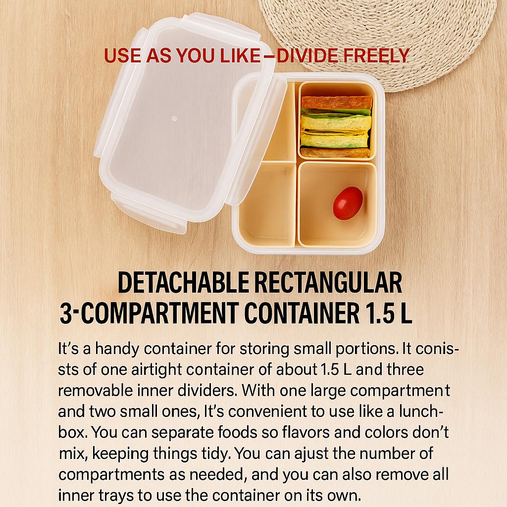 Master Your Meal Prep: Daiso Divided 3-Compartment Rectangular Food Container (1.5L