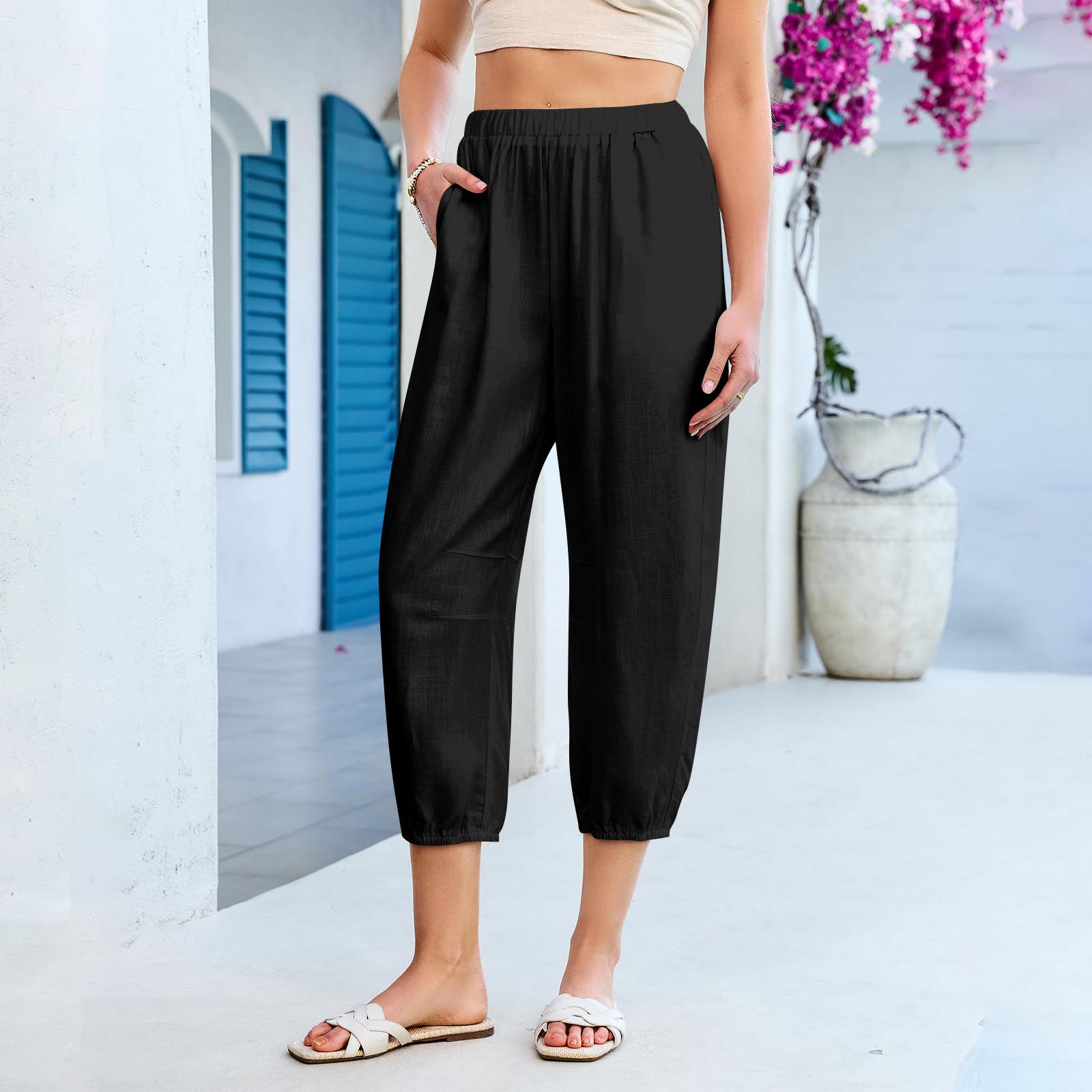

Pants For Women High Waisted Pull Elastic Waist Casual Summer Capris Beach Vacation Pants L чёрный