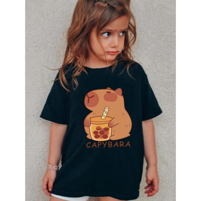 European sizes Fashion Girls' Short Sleeve T-Shirt with Capybara Holding Milk Tea Cartoon Print Casual Top